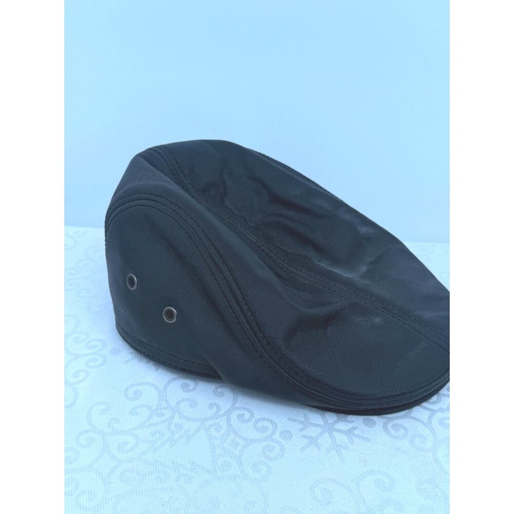Vemolla Black Leather Newsboy Flat Cap‎ Ear Flaps Polyester Lining